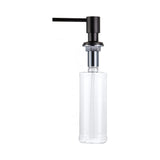 A stainless steel kitchen sink soap dispenser with a clear container and a matte black finish
