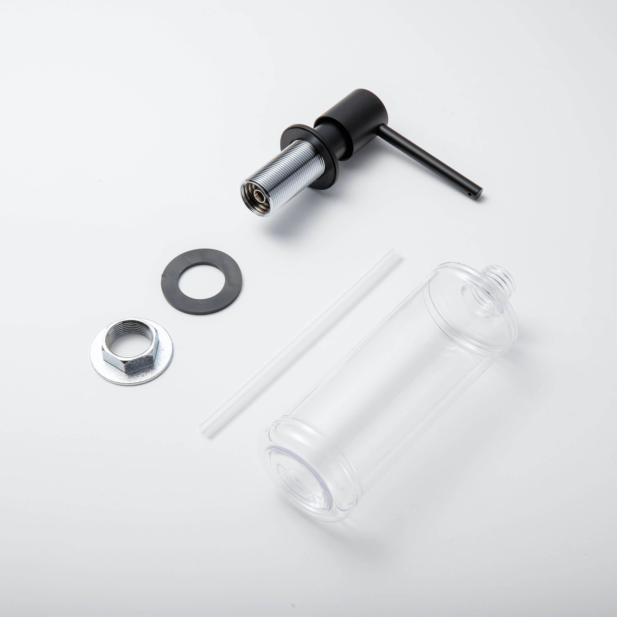 A stainless steel kitchen sink soap dispenser with a clear container and a matte black finish