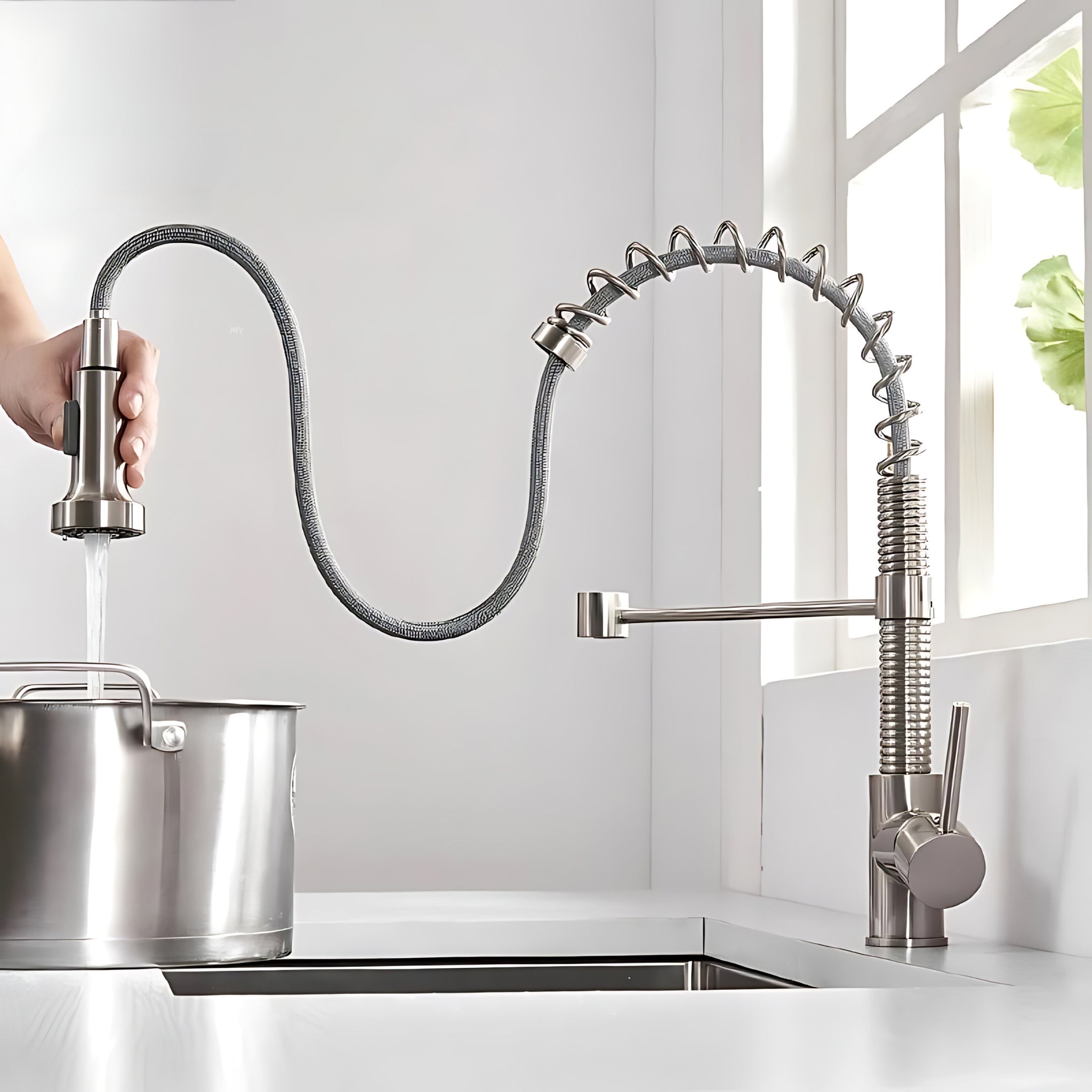 Spiro v2.0 brushed nickel kitchen faucet sprayer head held out on the hose, filling a stainless steel stock pot #color_brushed nickel