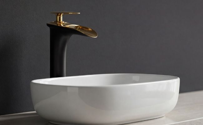 Close-up of the Dunkel single-hole bathroom waterfall faucet in a matte black and gold finish, featuring a tall single-handle design, positioned behind a white vessel sink on a light stone countertop.