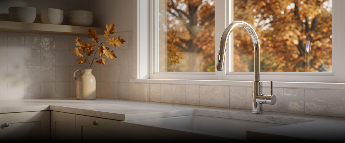 Imperium touch kitchen faucet in chrome in a warm autumn kitchen