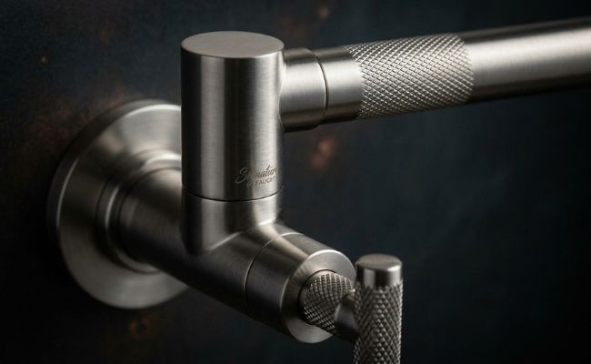Close-up of the Gertner wall-mounted pot filler faucet in brushed nickel, highlighting the double-jointed swing arm, wall plate, and distinctive knurled texture on the handle and spout against a dark, mottled background.