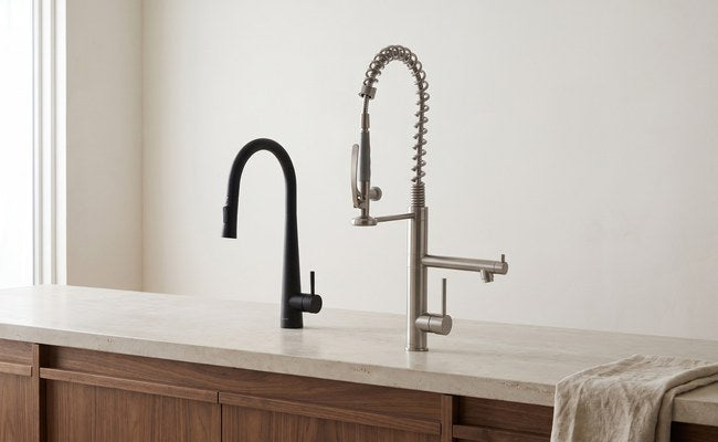 Matte black and brushed nickel kitchen faucets side by side on a stone countertop