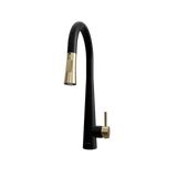 3D model of Arcus Touch Kitchen Faucet with Pull-Down Sprayer in polished matte black and brushed gold finish — interactive rendering emphasizing reflective surface and modern touch activation by Signature Faucets. #color_matte black and brushed gold