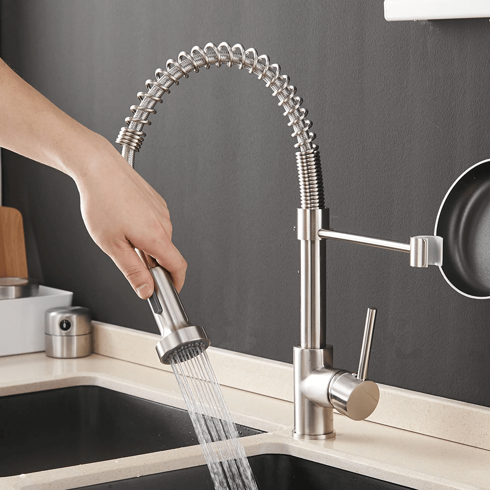 Kitchen Faucet - Spiro Single-Hole Kitchen Faucet with Pull-Down Spring Spout - undefined - Signature Faucets #color_brushed nickel