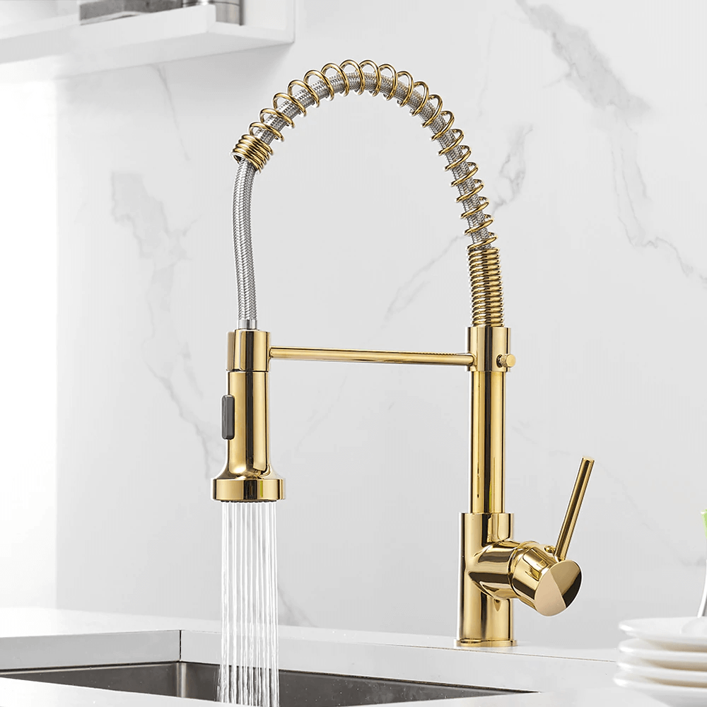 Kitchen Faucet - Spiro Single-Hole Kitchen Faucet with Pull-Down Spring Spout - undefined - Signature Faucets #color_gold