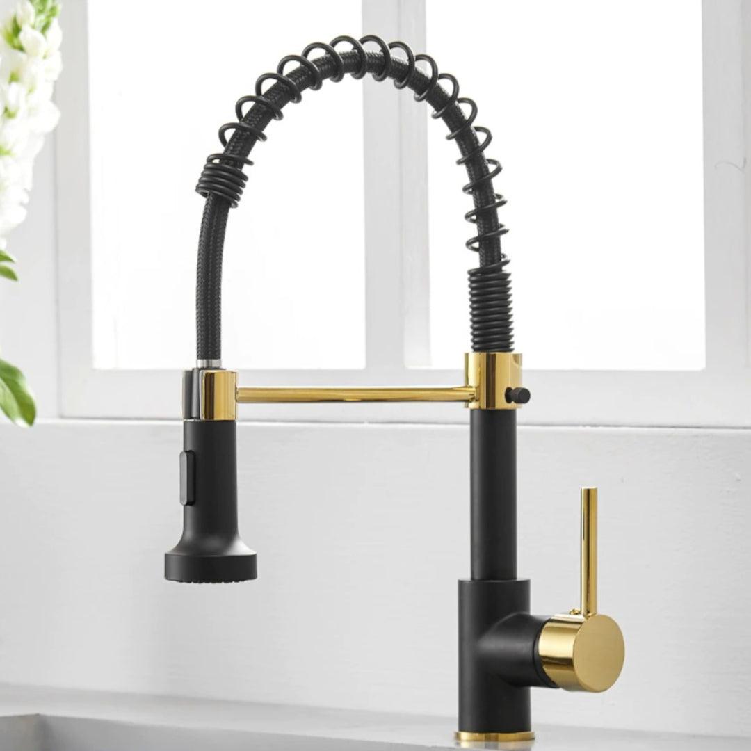 Kitchen Faucet - Spiro Single-Hole Kitchen Faucet with Pull-Down Spring Spout - undefined - Signature Faucets #color_matte black and gold