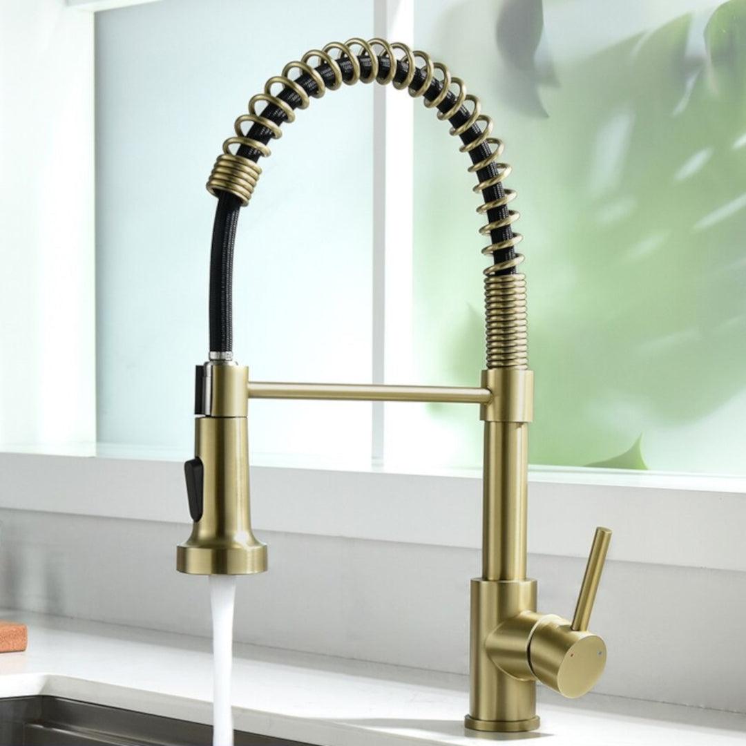 Kitchen Faucet - Spiro Single-Hole Kitchen Faucet with Pull-Down Spring Spout - undefined - Signature Faucets #color_brushed gold