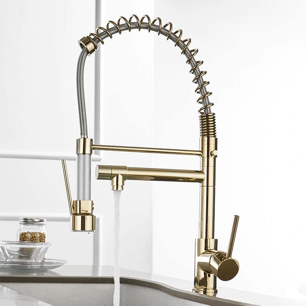 Kitchen Faucet - Spiro Single-Hole Dual Handle Kitchen Faucet with Pull-Down Spring Spout - undefined - Signature Faucets #color_gold