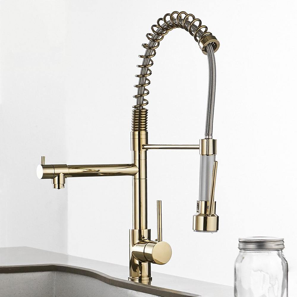 Kitchen Faucet - Spiro Single-Hole Dual Handle Kitchen Faucet with Pull-Down Spring Spout - undefined - Signature Faucets #color_gold