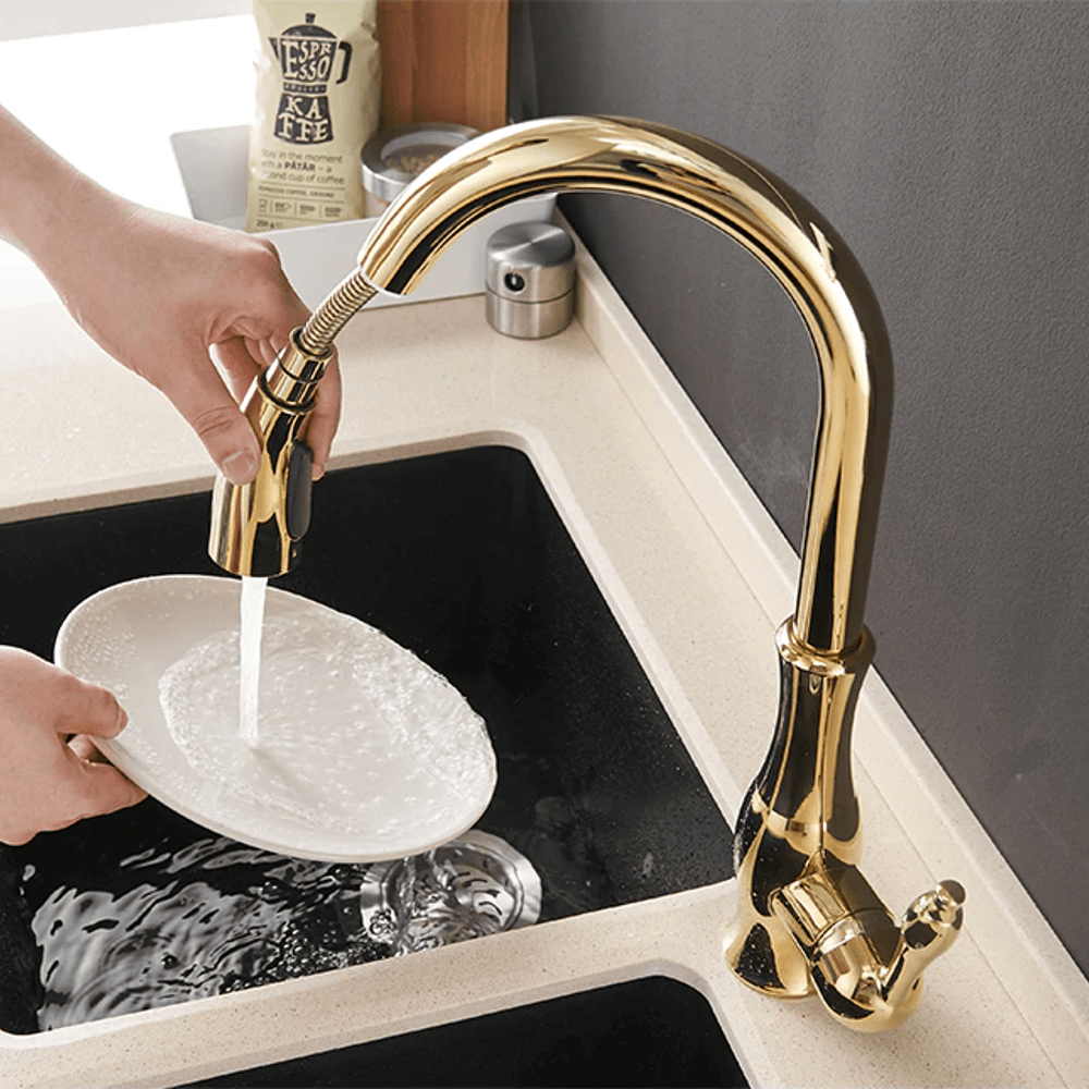Kitchen Faucet - Victorian Single-Hole Kitchen Faucet With Pull Out Spout - undefined - Signature Faucets #color_gold