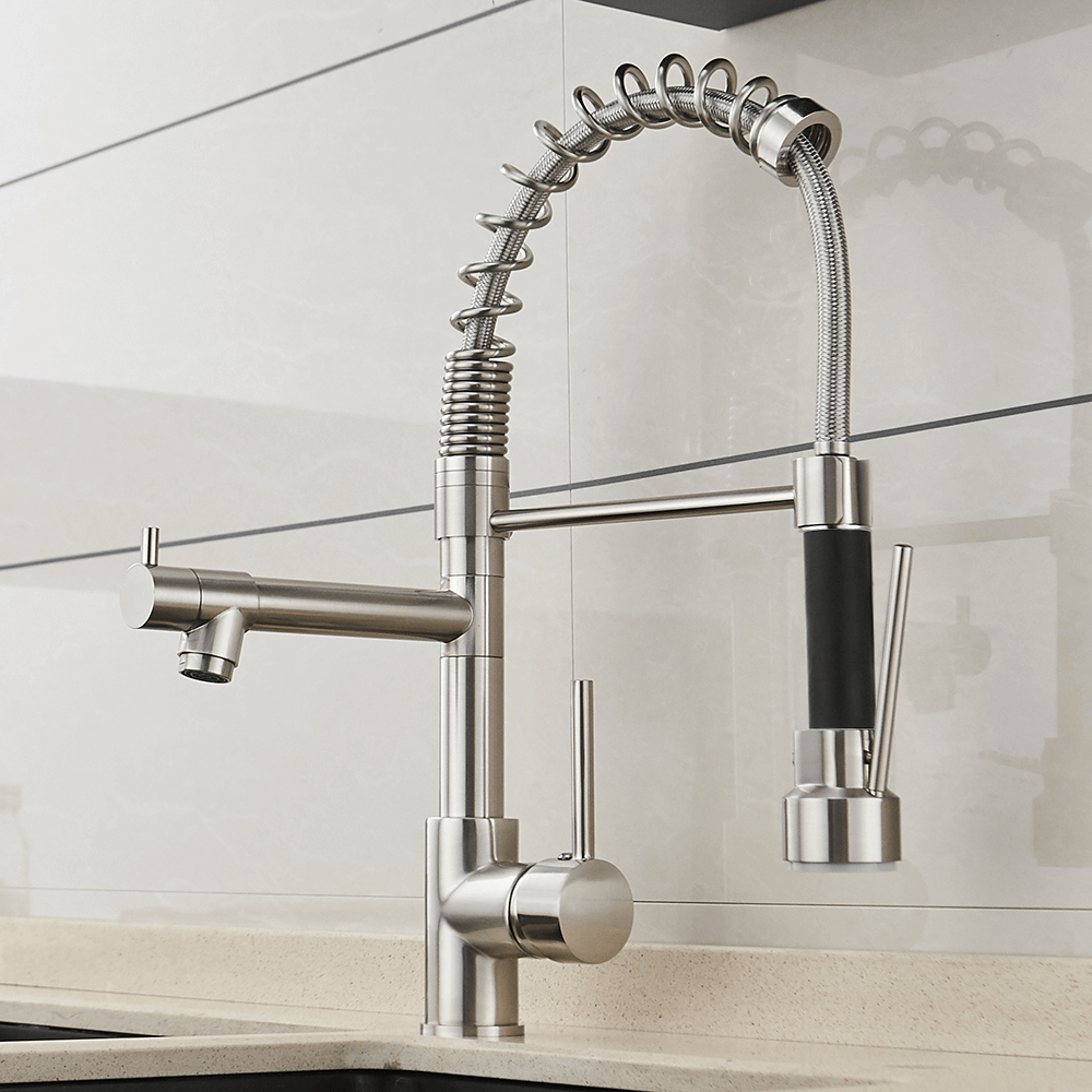 Kitchen Faucet - Spiro Single-Hole Dual Handle Kitchen Faucet with Pull-Down Spring Spout - undefined - Signature Faucets #color_brushed nickel