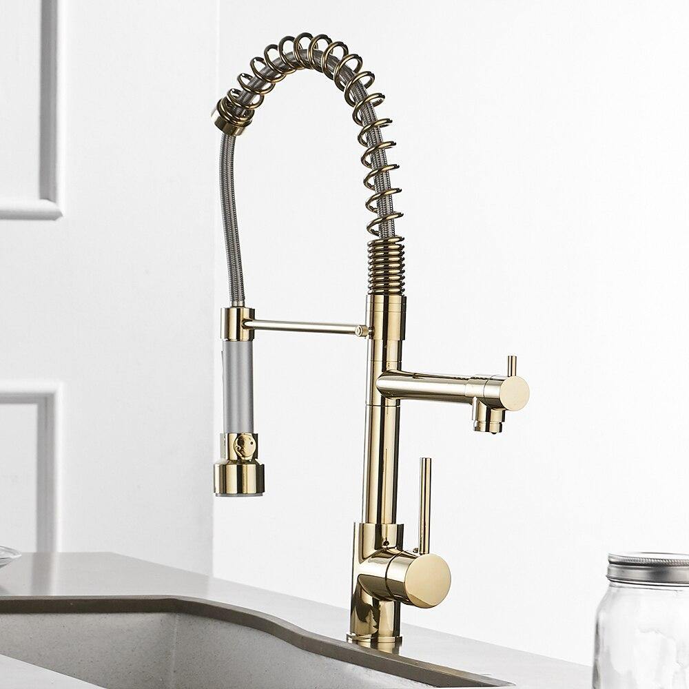 Kitchen Faucet - Spiro Single-Hole Dual Handle Kitchen Faucet with Pull-Down Spring Spout - undefined - Signature Faucets #color_gold