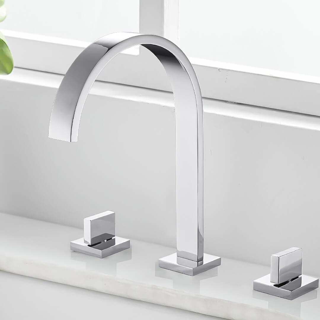 Bathroom Sink Faucet - Freyer Contemporary Solid Brass Deck Mounted Square Bathroom Faucet 3 Hole Double Handle - undefined - Signature Faucets