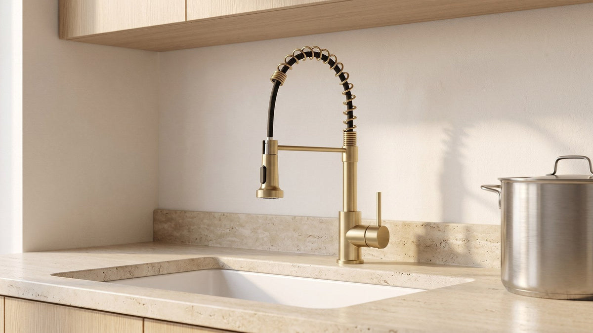 Brushed gold Spiro spring spout kitchen faucet on a travertine counter, sitting clear beneath a pale oak wall cabinet with a stockpot alongside