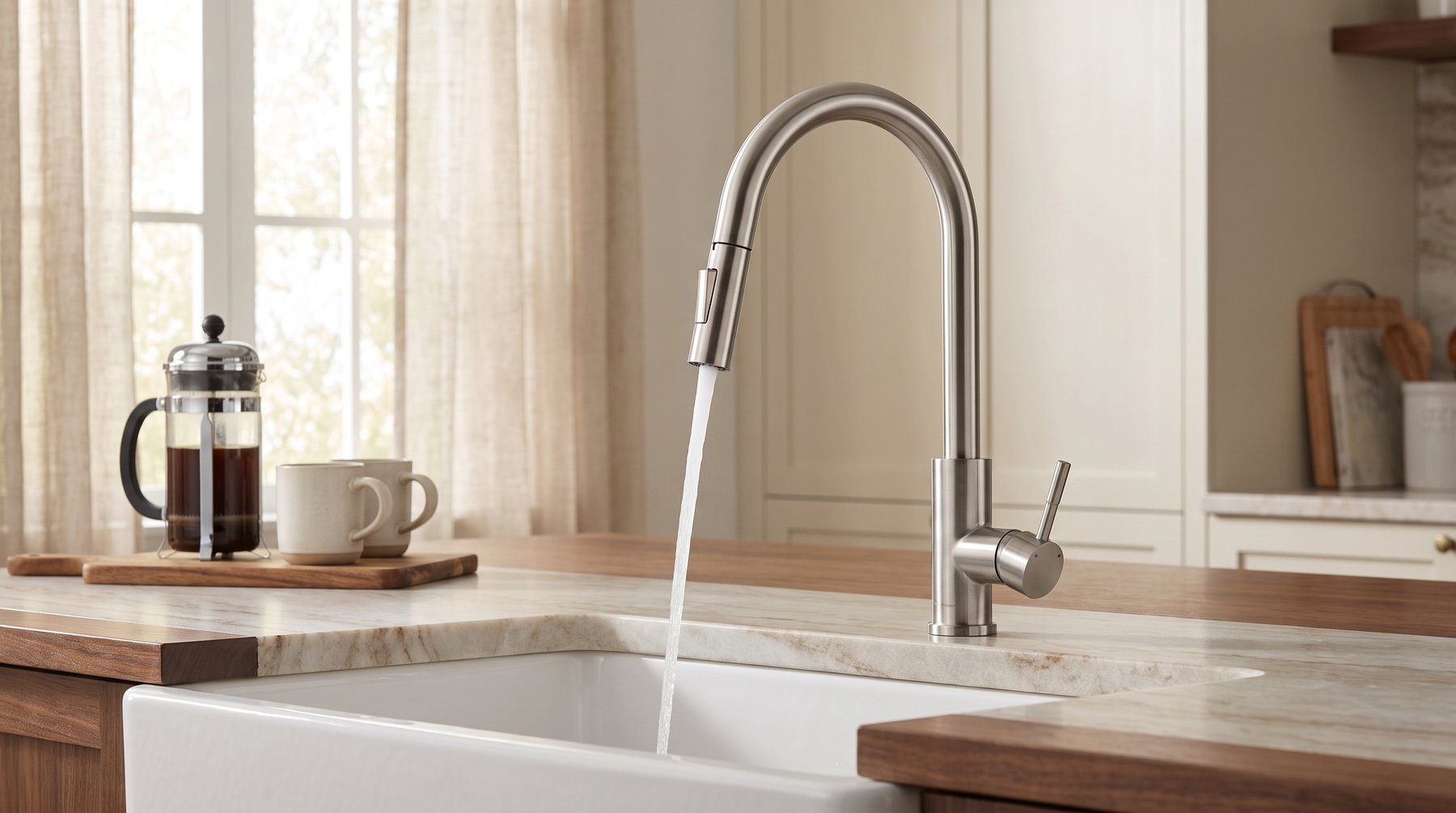 Brushed nickel pull-down kitchen faucet at a farmhouse sink in a warm, light-filled kitchen