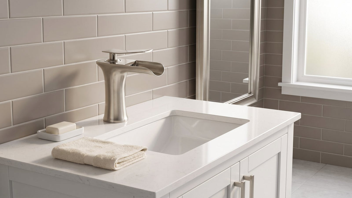 Brushed nickel single hole waterfall bathroom faucet on a white vanity with warm greige tile