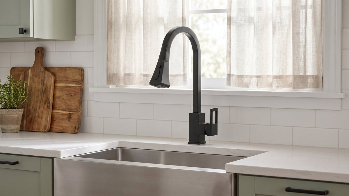 Matte black kitchen faucet at a farmhouse sink in a sage green kitchen