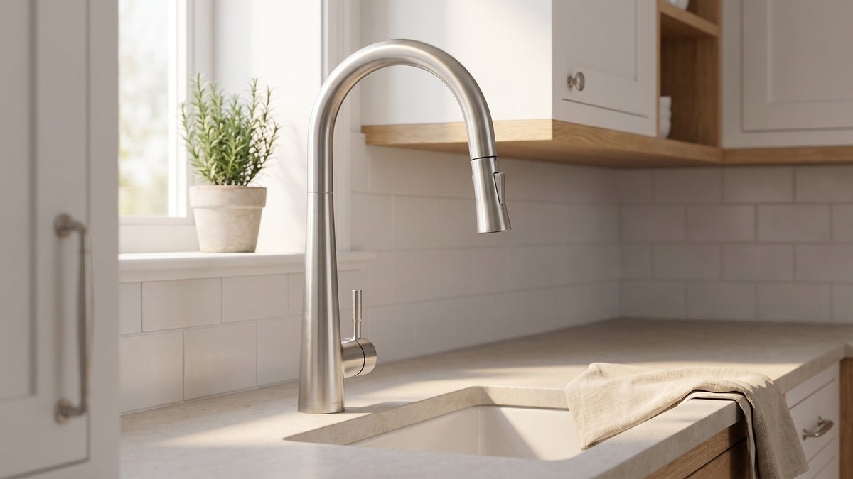 Arcus touch kitchen faucet in brushed nickel over a farmhouse sink with a tap-to-turn-on capacitive sensor