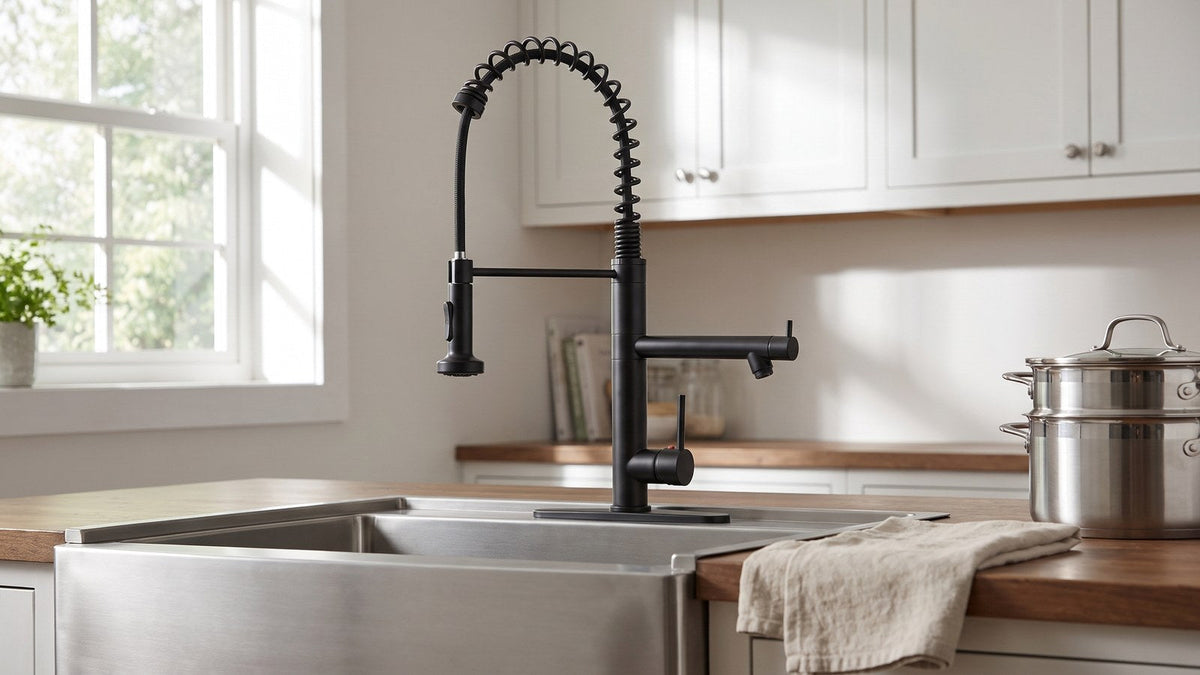 Matte black commercial-style kitchen faucet with a spring-coil pull-down sprayer and a separate pot filler arm, mounted at a stainless farmhouse sink in a real kitchen