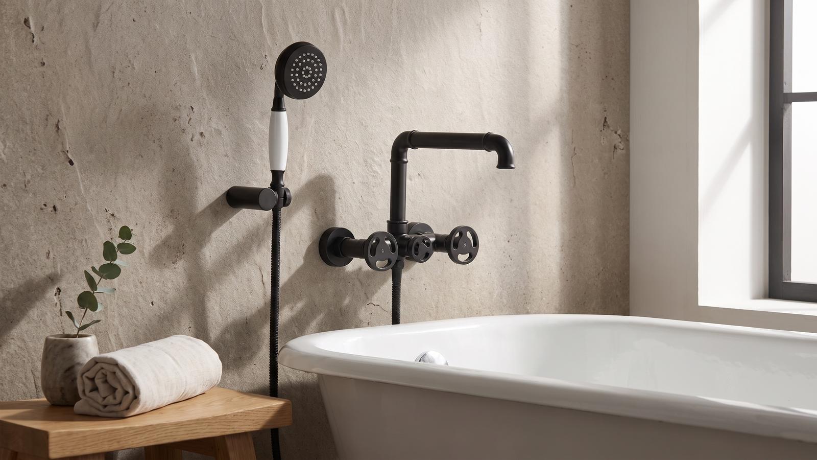 Wall-mounted Imdorf tub filler in Matte Black above a freestanding tub, single wheel-handle set and hand shower, warm stone-wall bathroom