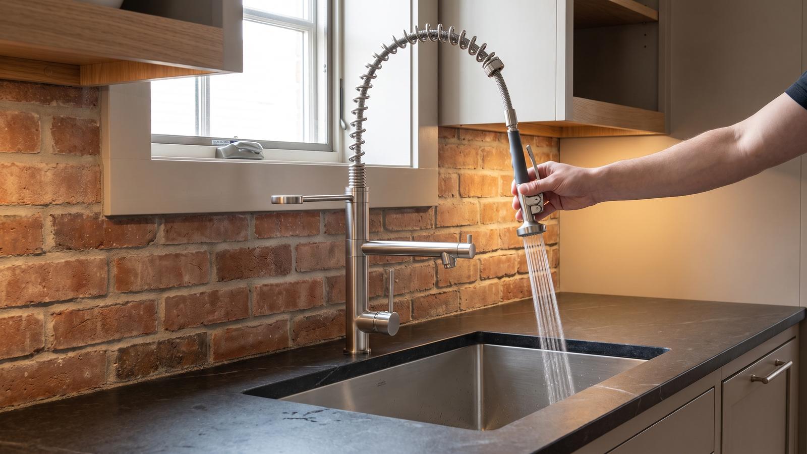 Klempner commercial kitchen faucet with the pull-down sprayer drawn out of its dock and held over the sink, hose extended