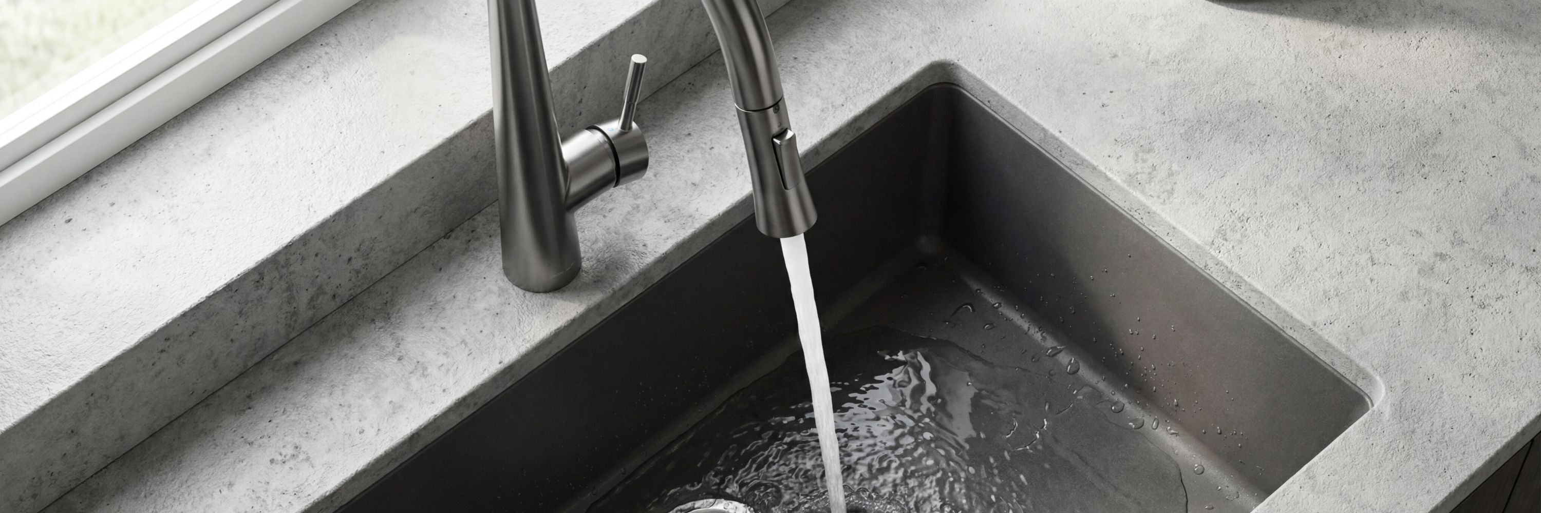 Arcus Smart Touch Kitchen Faucet in Gunmetal Gray featuring a magnetic pull-down sprayer and lead-free SUS 304 stainless steel construction for a modern, healthy kitchen design.