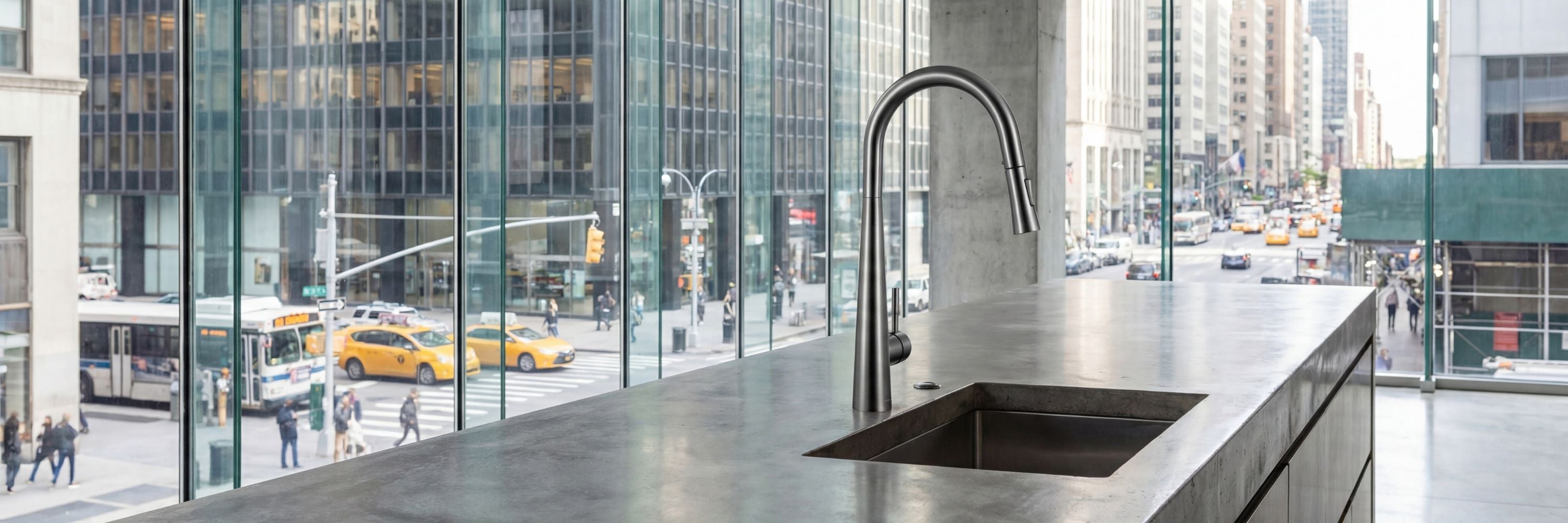 Signature Faucets Arcus touch kitchen faucet in Gunmetal Gray finish. Lead-free SUS 304 stainless steel construction with pull-down sprayer, styled in a modern luxury kitchen.