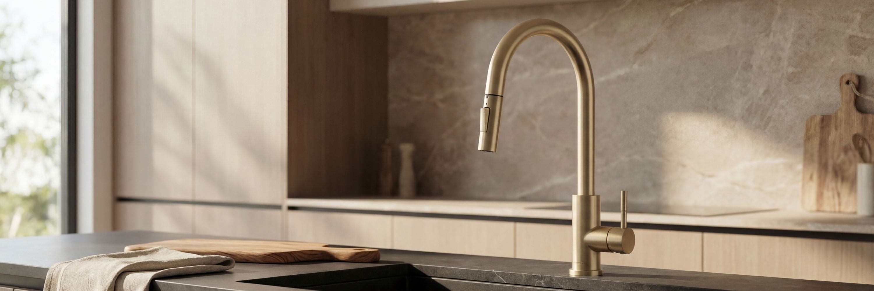 Luxury brushed gold kitchen faucet with smart touch sensor technology, crafted from lead-free SUS 304 stainless steel, featured in a modern high-end kitchen setting