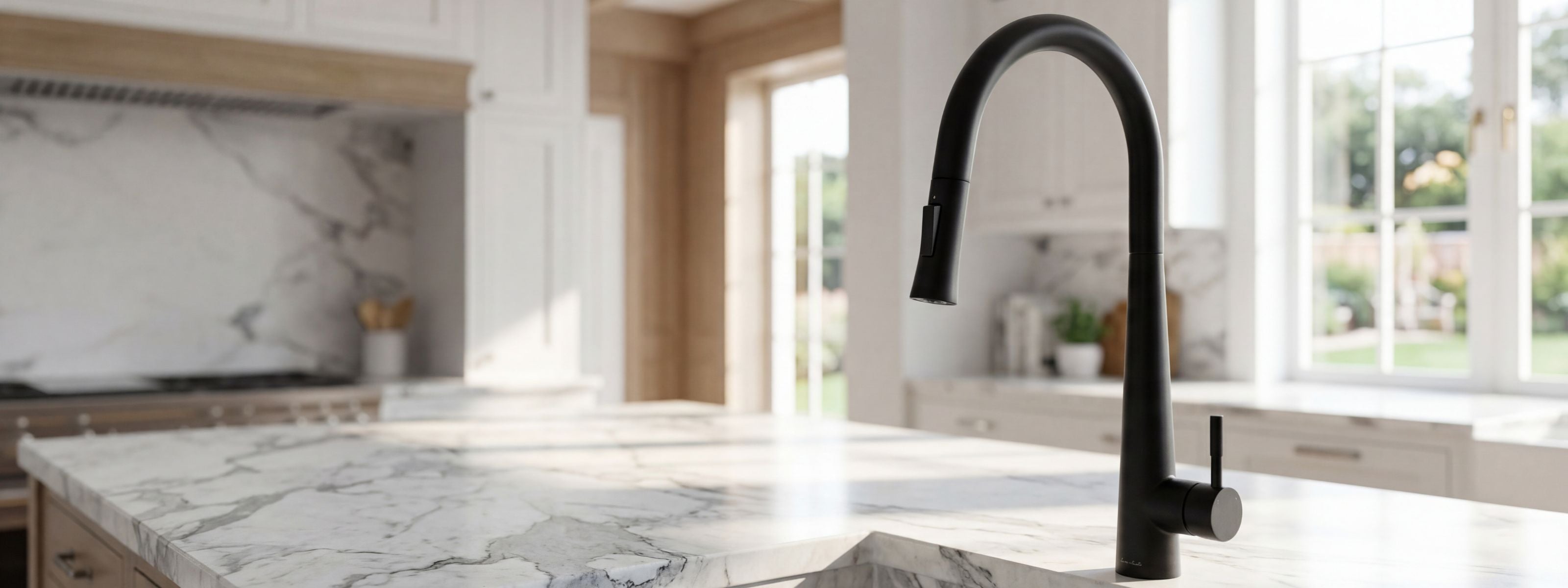 Modern matte black touch-activated kitchen faucet installed on a kitchen island, featuring a 360-degree swivel spout and dual-function sprayer.