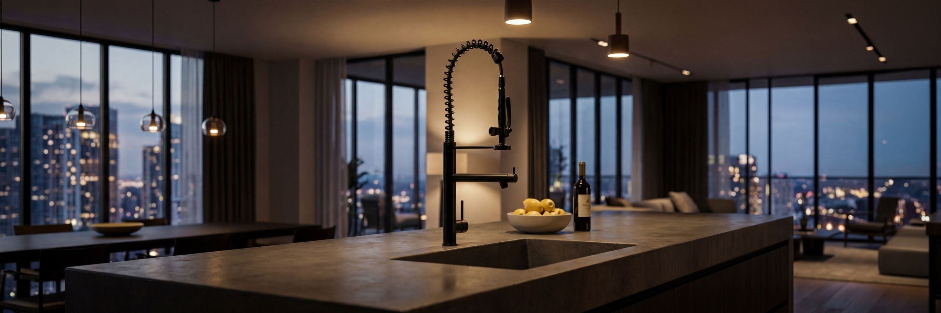 Klemptner Matte Black Kitchen Faucet featuring a high-arc spring spout, sitting on a luxury kitchen island overlooking a city skyline at dusk.