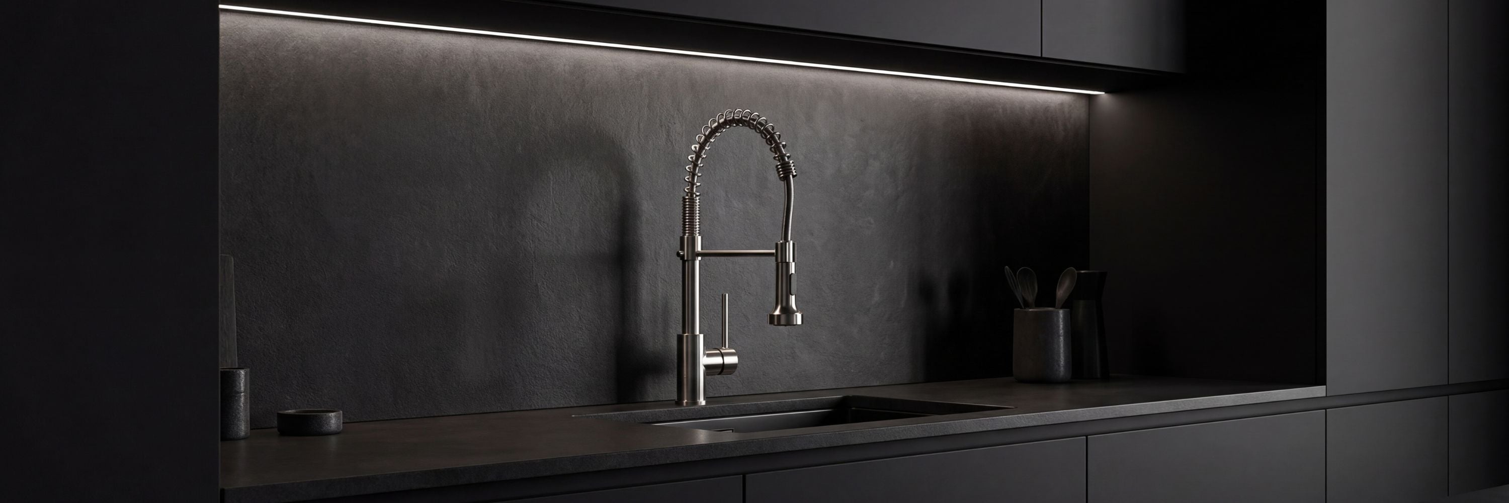 Spiro single-hole commercial style kitchen faucet with a pull-down spring spout, installed in a modern dark kitchen with under-cabinet lighting and a matte black backsplash.