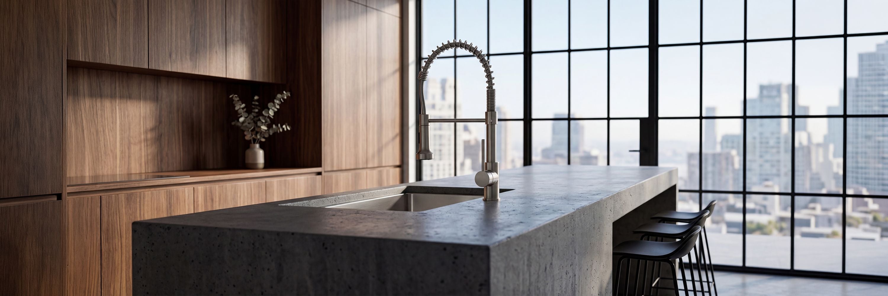 Spiro single-hole kitchen faucet in polished nickel featuring a high-arc pull-down spring spout, installed on a concrete island in a modern industrial kitchen with wood cabinetry.