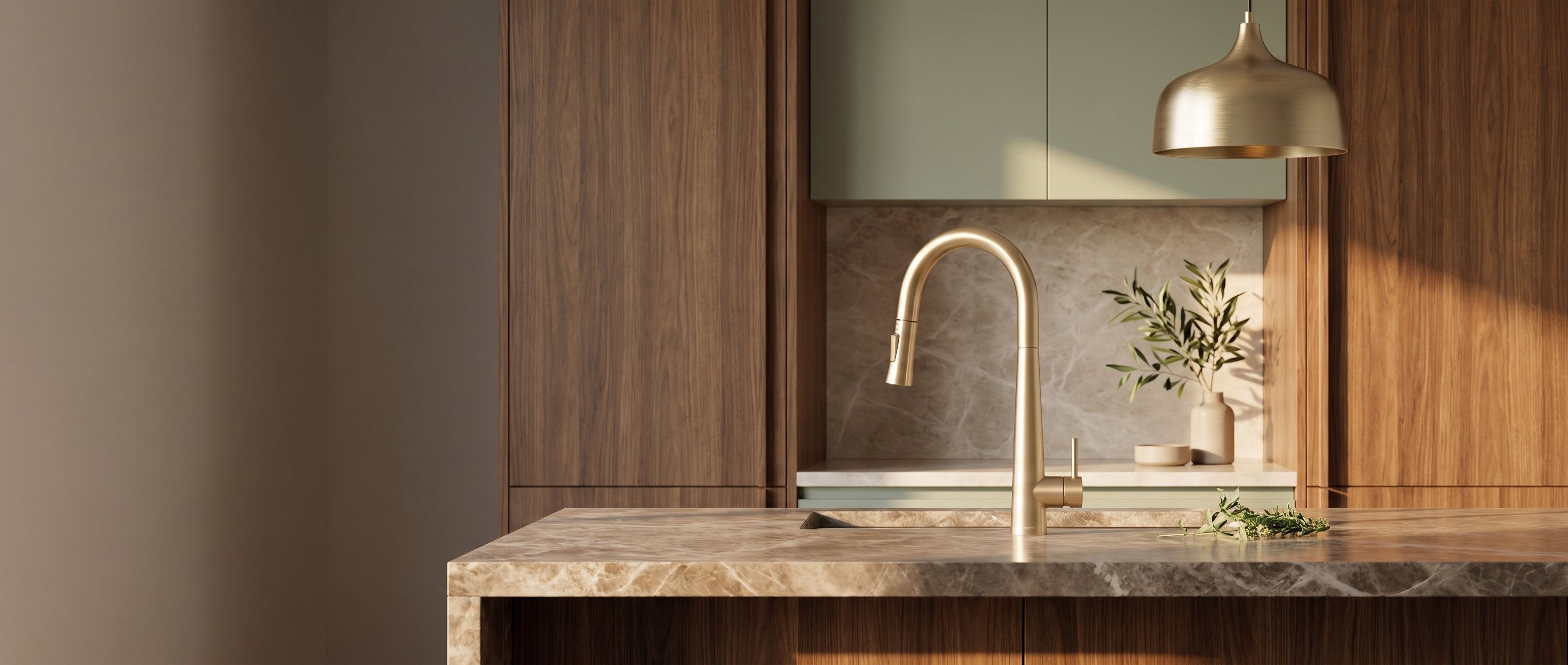 Brushed gold Arcus kitchen faucet in a warm walnut and marble kitchen, Signature Faucets Summer Sale