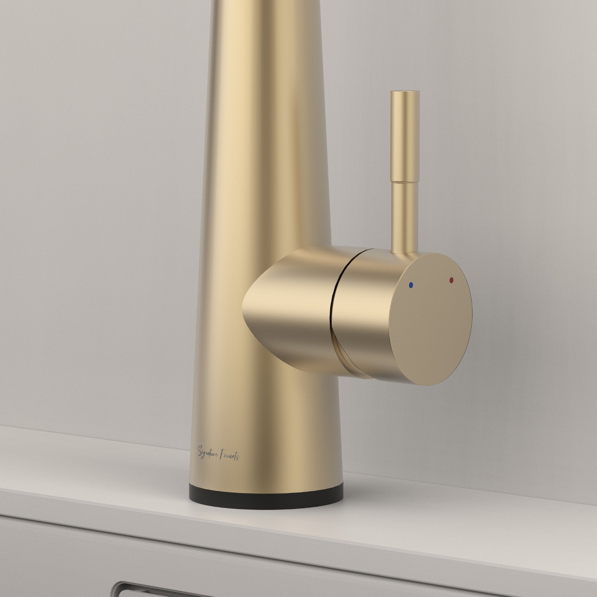 Brushed gold touch kitchen faucet lever handle and hot cold indicators close up #color_brushed gold
