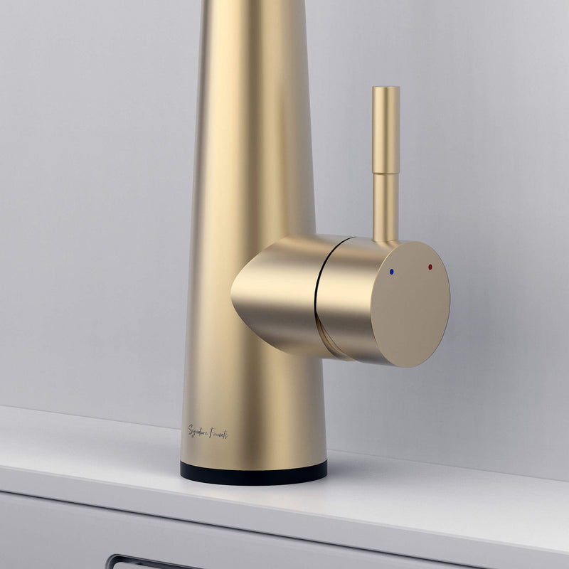 Close-up of Arcus Touch Kitchen Faucet handle in brushed gold finish, highlighting temperature control lever and sleek contemporary design by Signature Faucets. #color_brushed gold