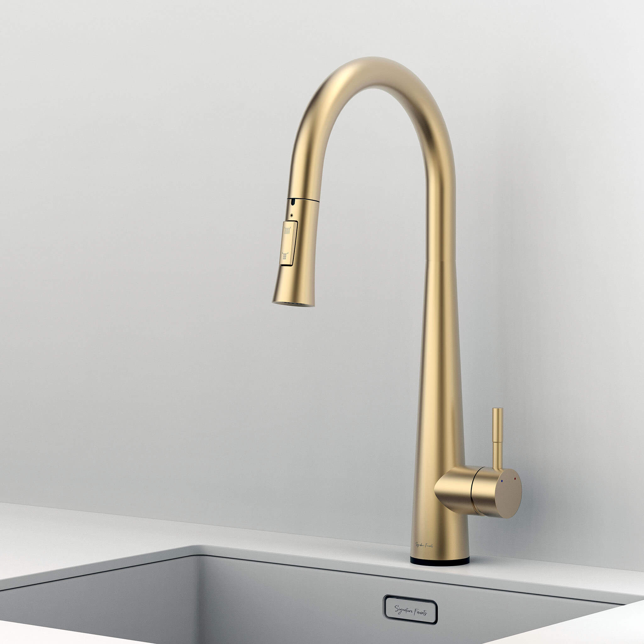 Side view of Arcus Touch Kitchen Faucet with Pull-Down Sprayer in elegant brushed gold finish, showcasing modern minimalist design by Signature Faucets. #color_brushed gold
