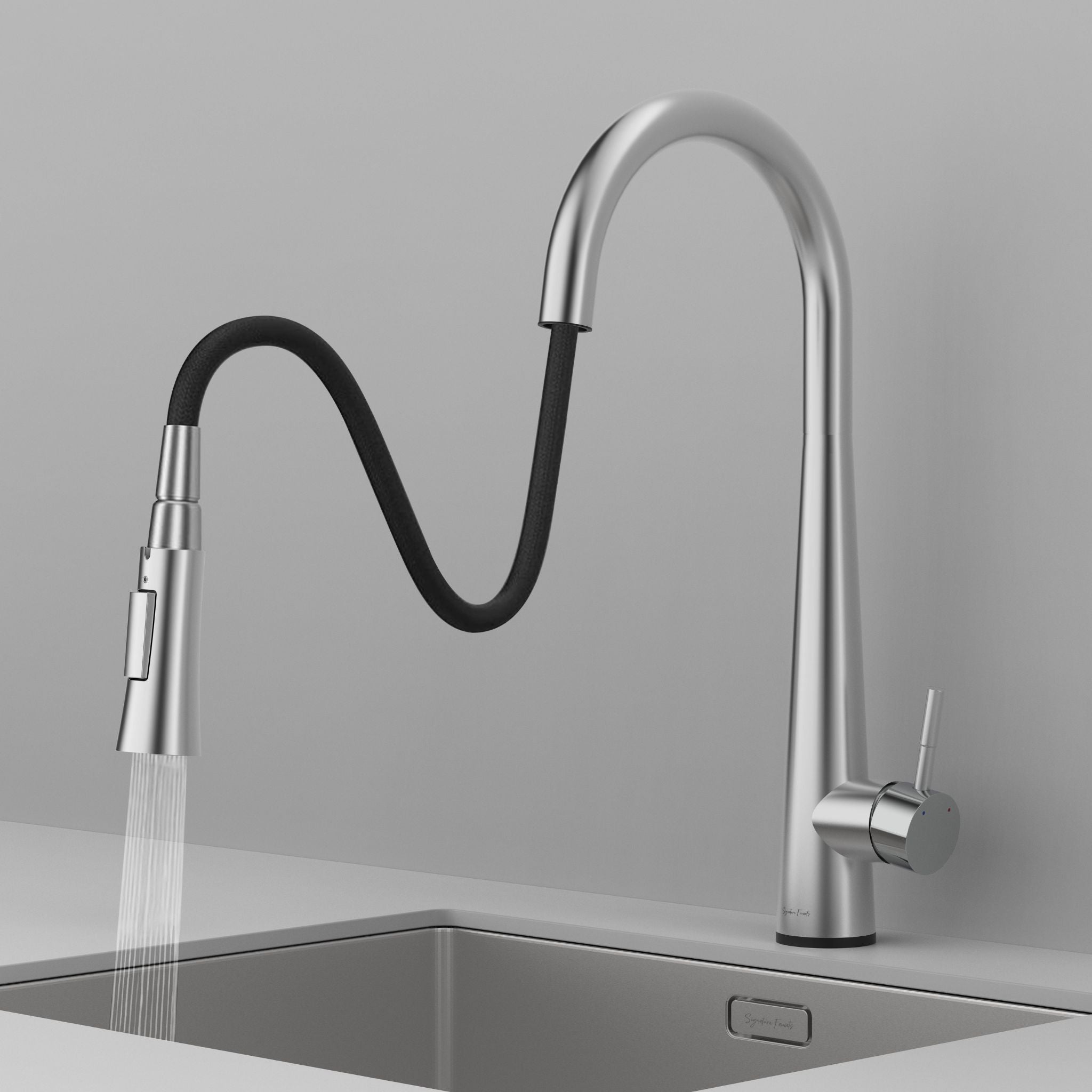 Brushed nickel touch kitchen faucet with pull-down sprayer extended showing spray mode #color_brushed nickel