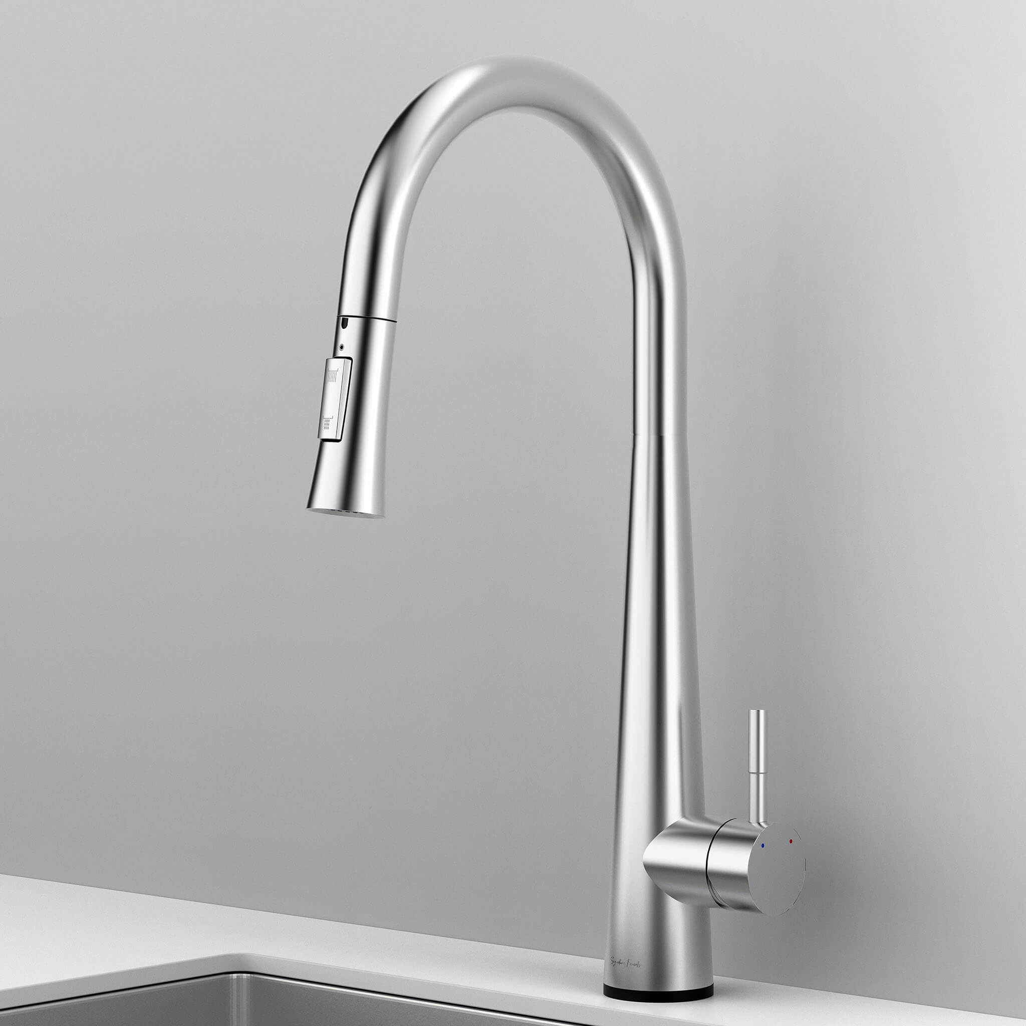 Side angle of Arcus Touch Kitchen Faucet with Pull-Down Sprayer in brushed nickel, highlighting minimalist modern kitchen design by Signature Faucets. #color_brushed nickel