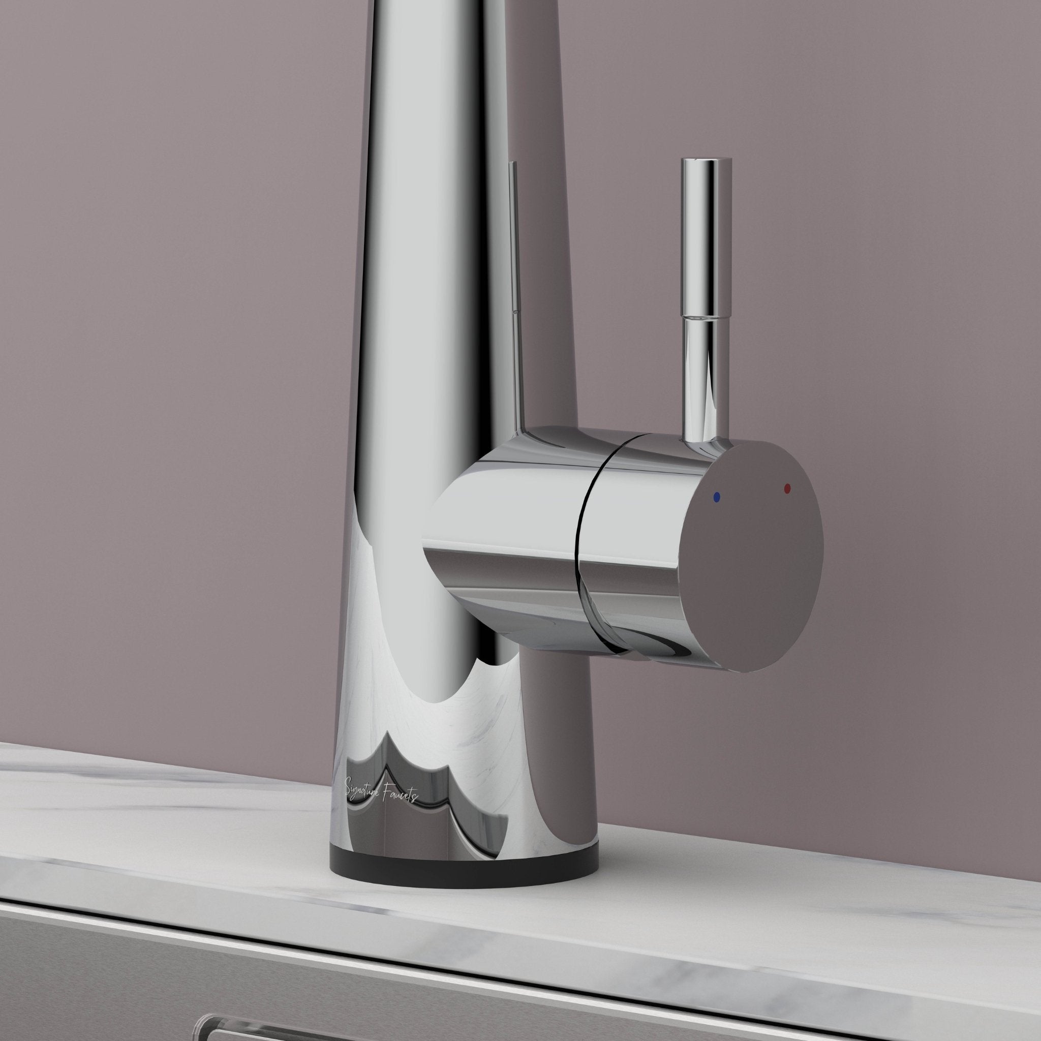 Chrome touch kitchen faucet lever handle and hot cold indicators close up #color_chrome