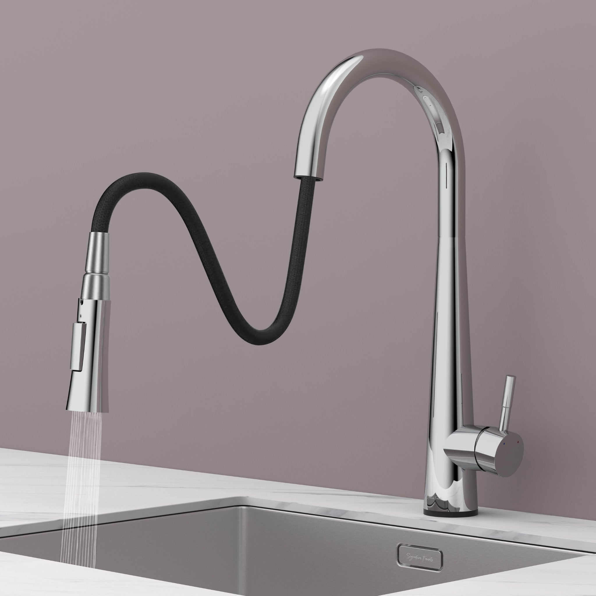 Chrome touch kitchen faucet with pull-down sprayer extended showing spray mode #color_chrome