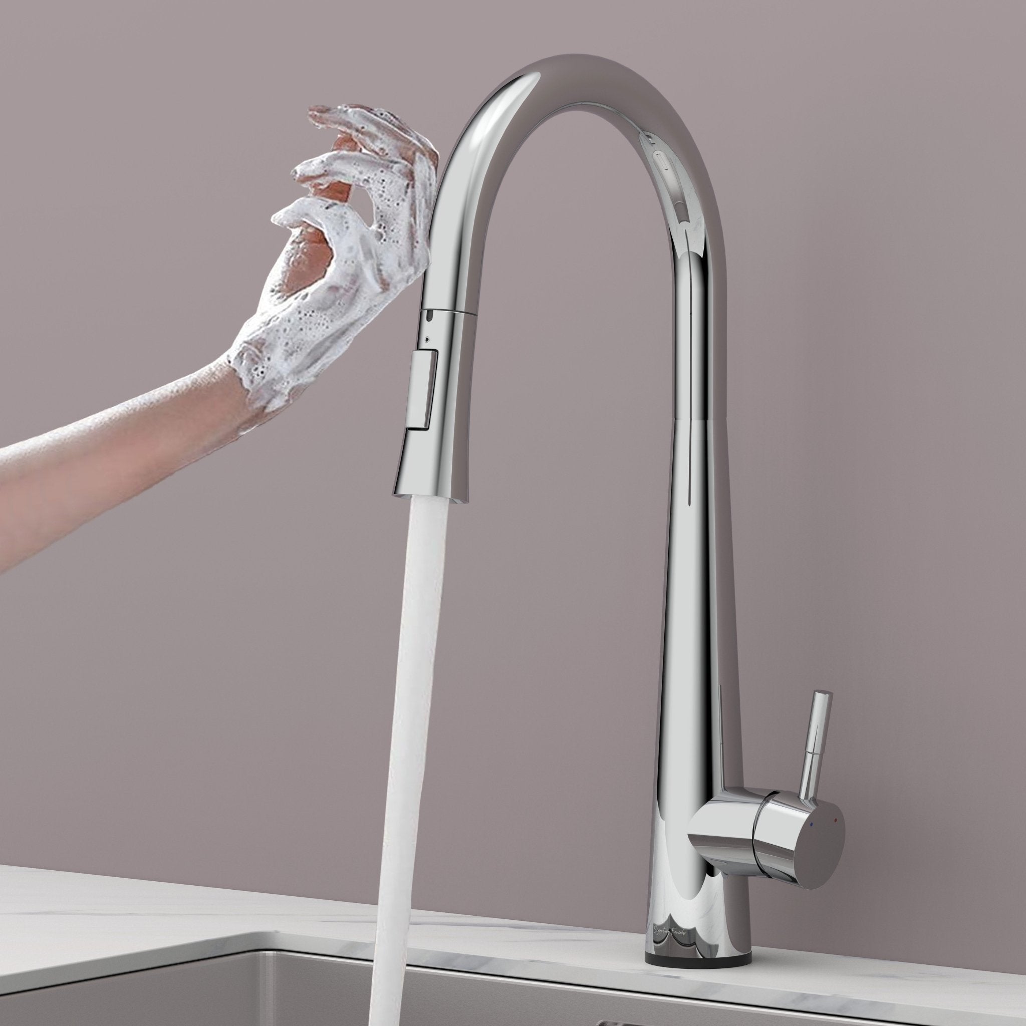 Chrome touch kitchen faucet activated by a soapy hand with water flowing #color_chrome