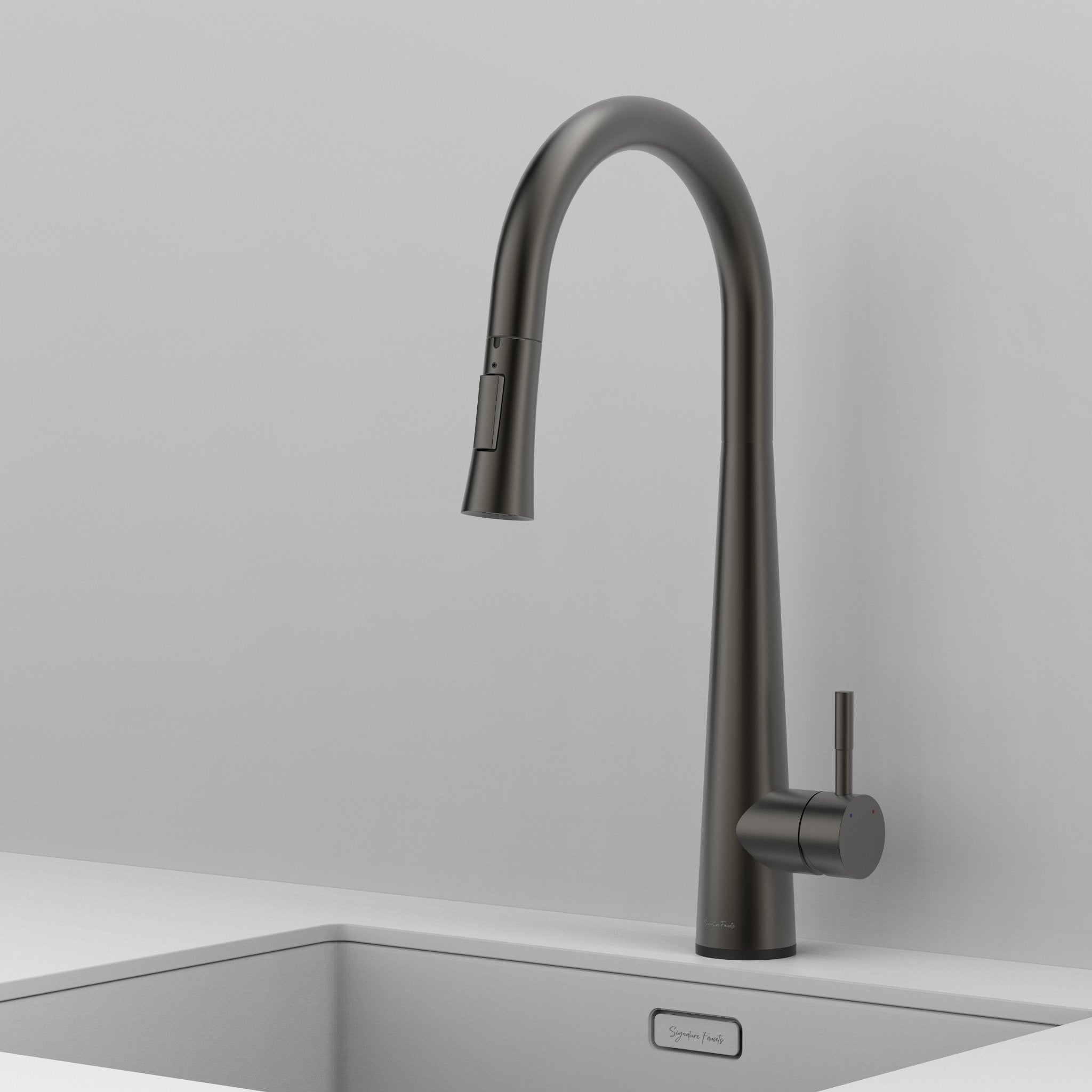 Gunmetal gray touch kitchen faucet gooseneck profile over an undermount sink #color_gunmetal gray