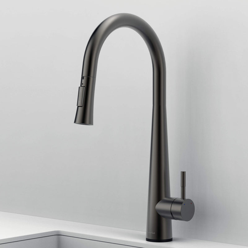 Side view of Arcus Touch Kitchen Faucet with Pull-Down Sprayer in elegant gunmetal gray finish, showcasing modern minimalist design by Signature Faucets. #color_gunmetal gray