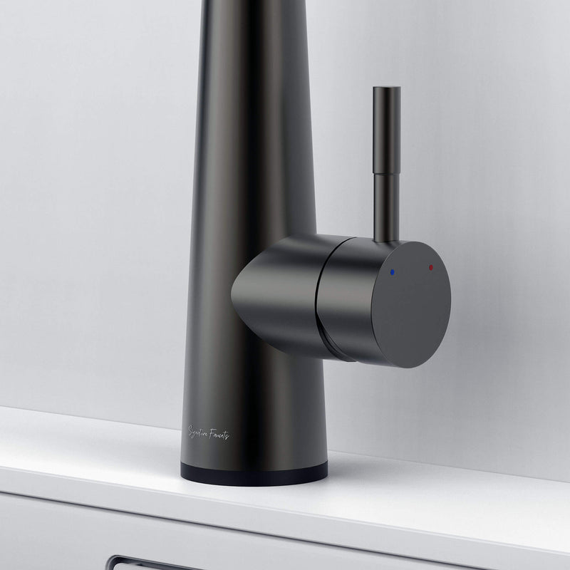 Close-up of Arcus Touch Kitchen Faucet handle in gunmetal gray finish, highlighting temperature control lever and sleek contemporary design by Signature Faucets. #color_gunmetal gray