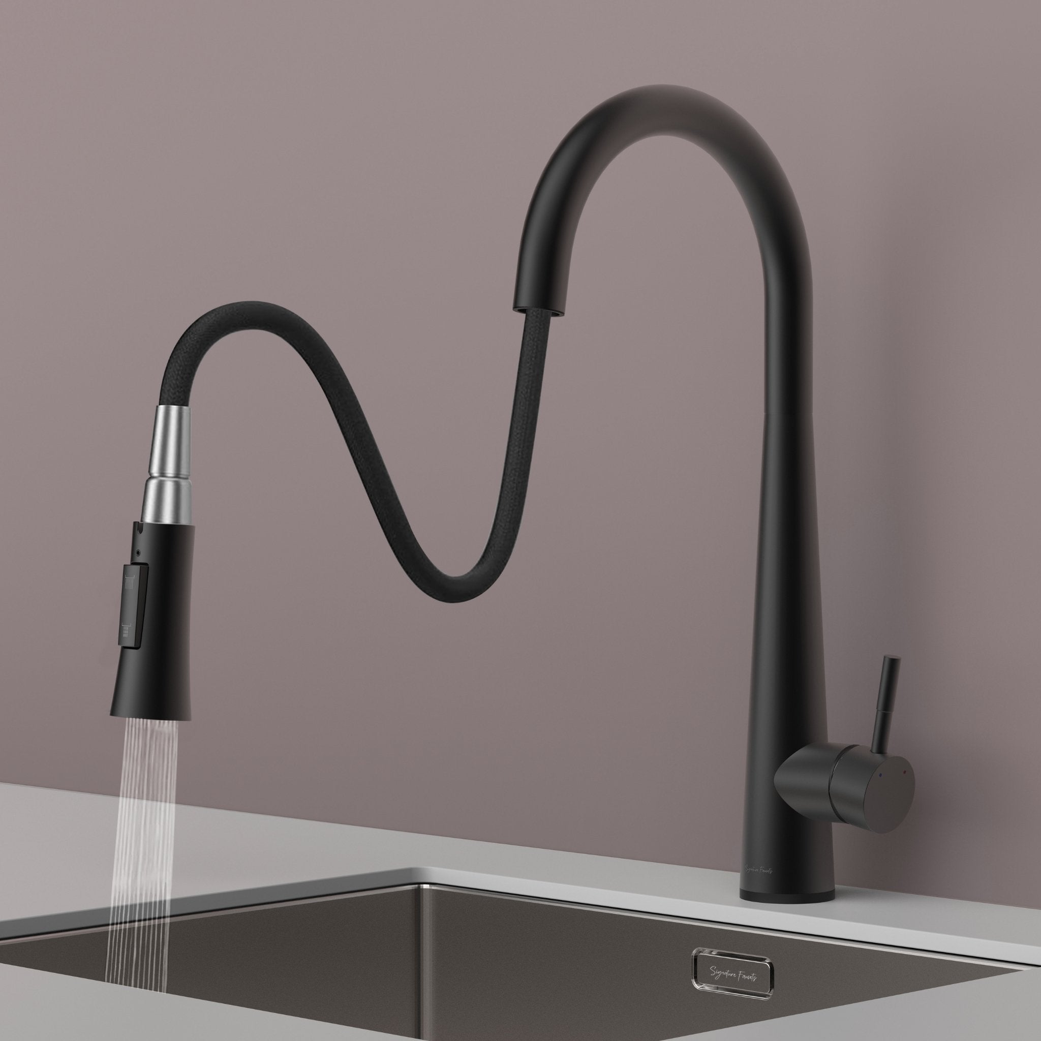 Matte black touch kitchen faucet with pull-down sprayer extended showing spray mode #color_matte black