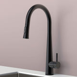 Side view of Arcus Touch Kitchen Faucet with Pull-Down Sprayer in elegant matte black finish, showcasing modern minimalist design by Signature Faucets. #color_matte black