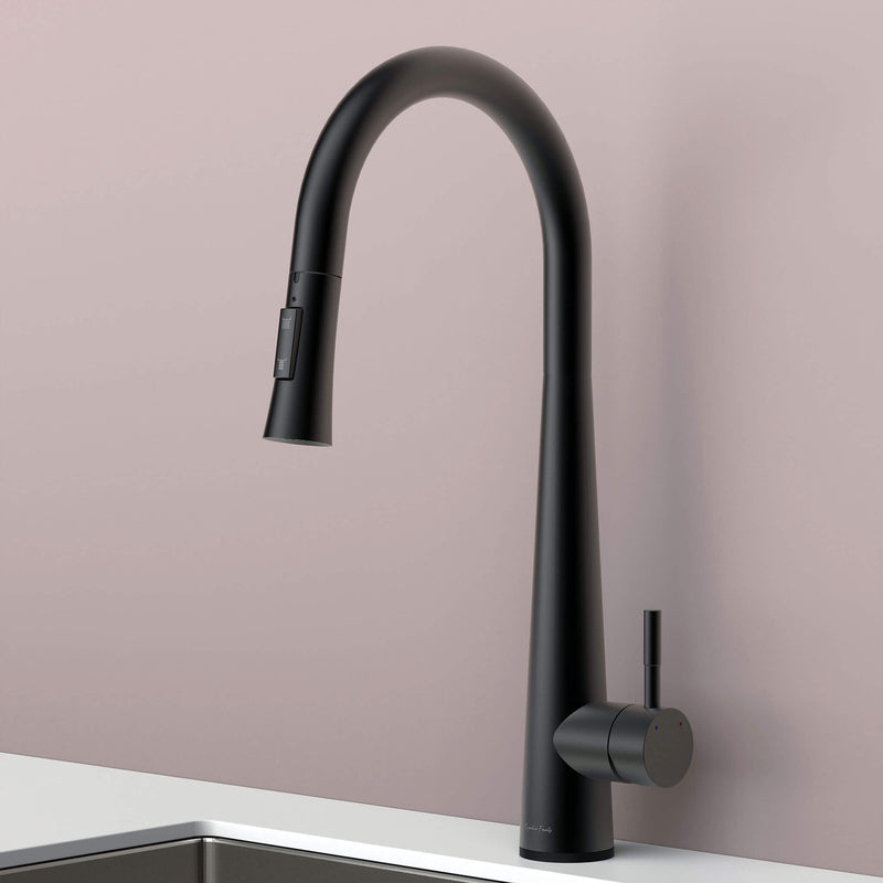 Side view of Arcus Touch Kitchen Faucet with Pull-Down Sprayer in elegant matte black finish, showcasing modern minimalist design by Signature Faucets. #color_matte black