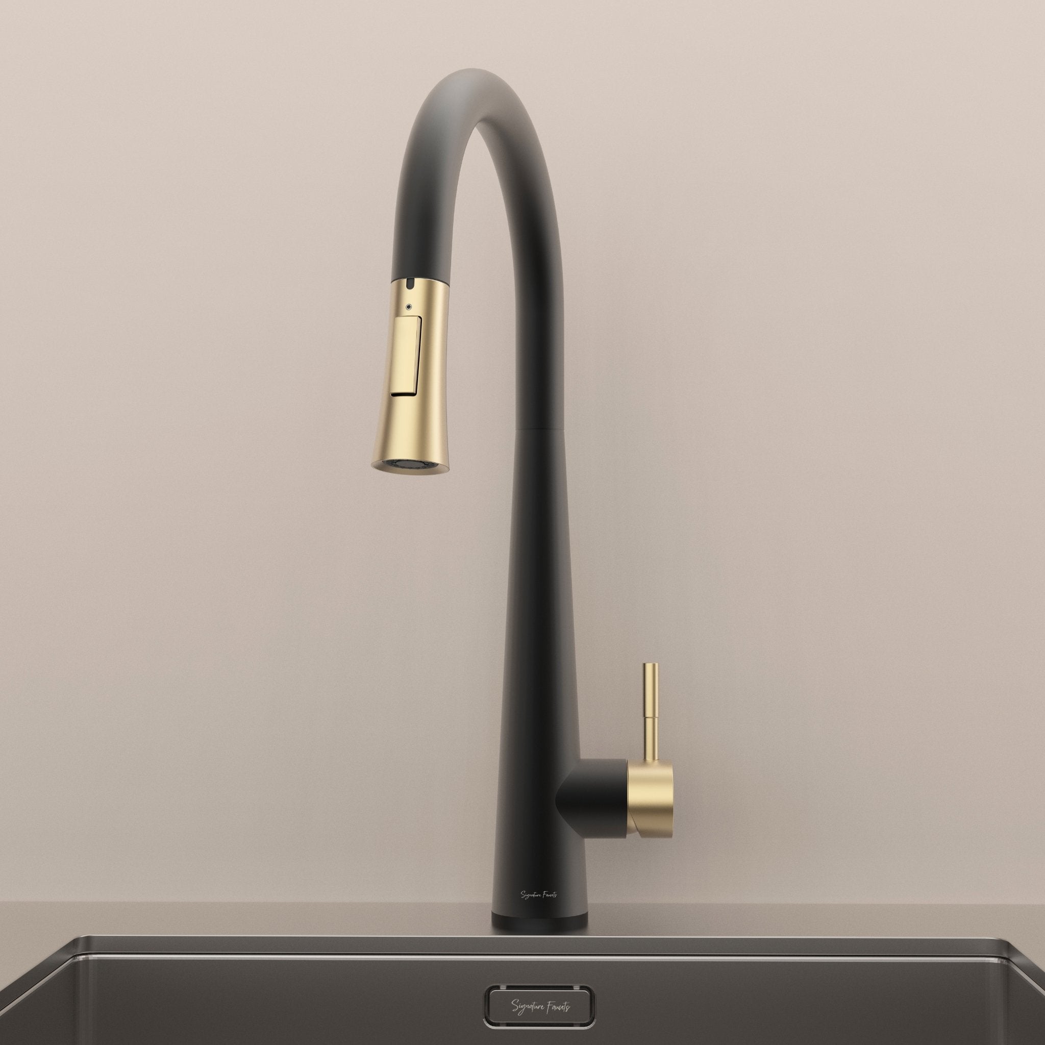 Matte black and brushed gold touch kitchen faucet front view with lever handle and touch sensor base #color_matte black and brushed gold