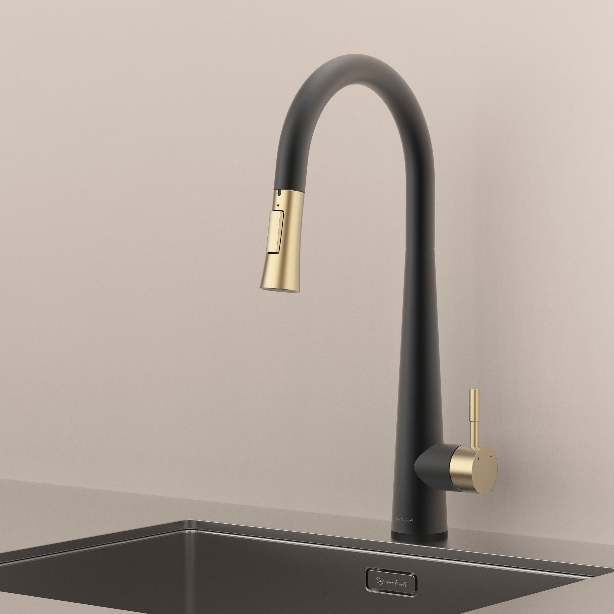 Matte black and brushed gold touch kitchen faucet gooseneck profile over an undermount sink #color_matte black and brushed gold